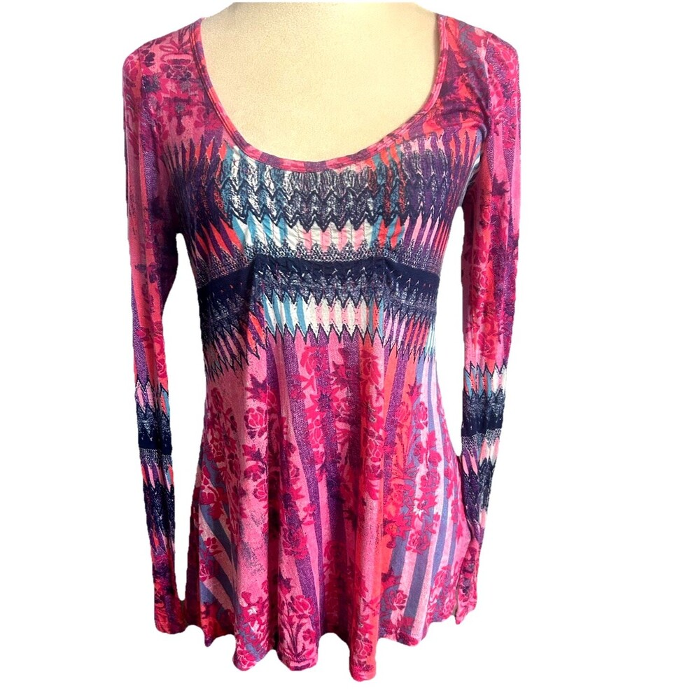 Free People Boho Floral Tribal Multi Multi Scoop Neck  Long Sleeves Top  Sz S